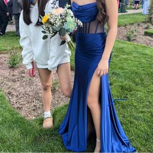 Silk Dark Blue Long Slit Dress